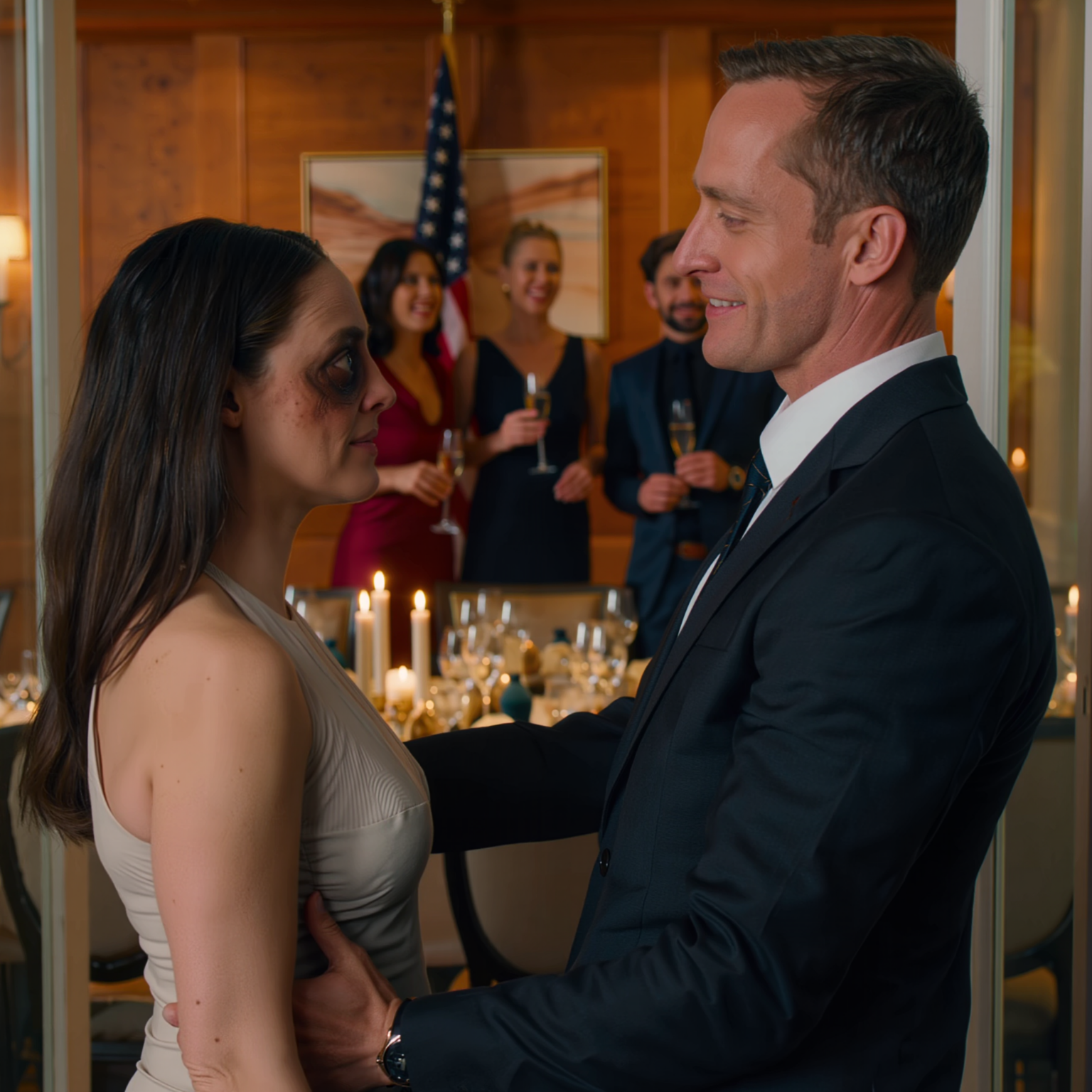 Podczas kolacji z okazji 10. rocznicy ślubu weszłam do prywatnego pokoju z lewym okiem opuchniętym na fioletowo, pięćdziesiąt osób w trakcie toastu zamilkło, mój mąż objął mnie ramieniem i uśmiechnął się, jakby pokazywał trofeum, po czym powiedział, że jego siostry „nauczyły go szacunku”, jego dwie siostry stuknęły się kieliszkami i zachichotały, ale gdy wszystkie spojrzenia skupiły się na mnie, pojawiła się moja siostra bliźniaczka i zrobiła coś, co sprawiło, że cała rodzina Caldwell zbladła.