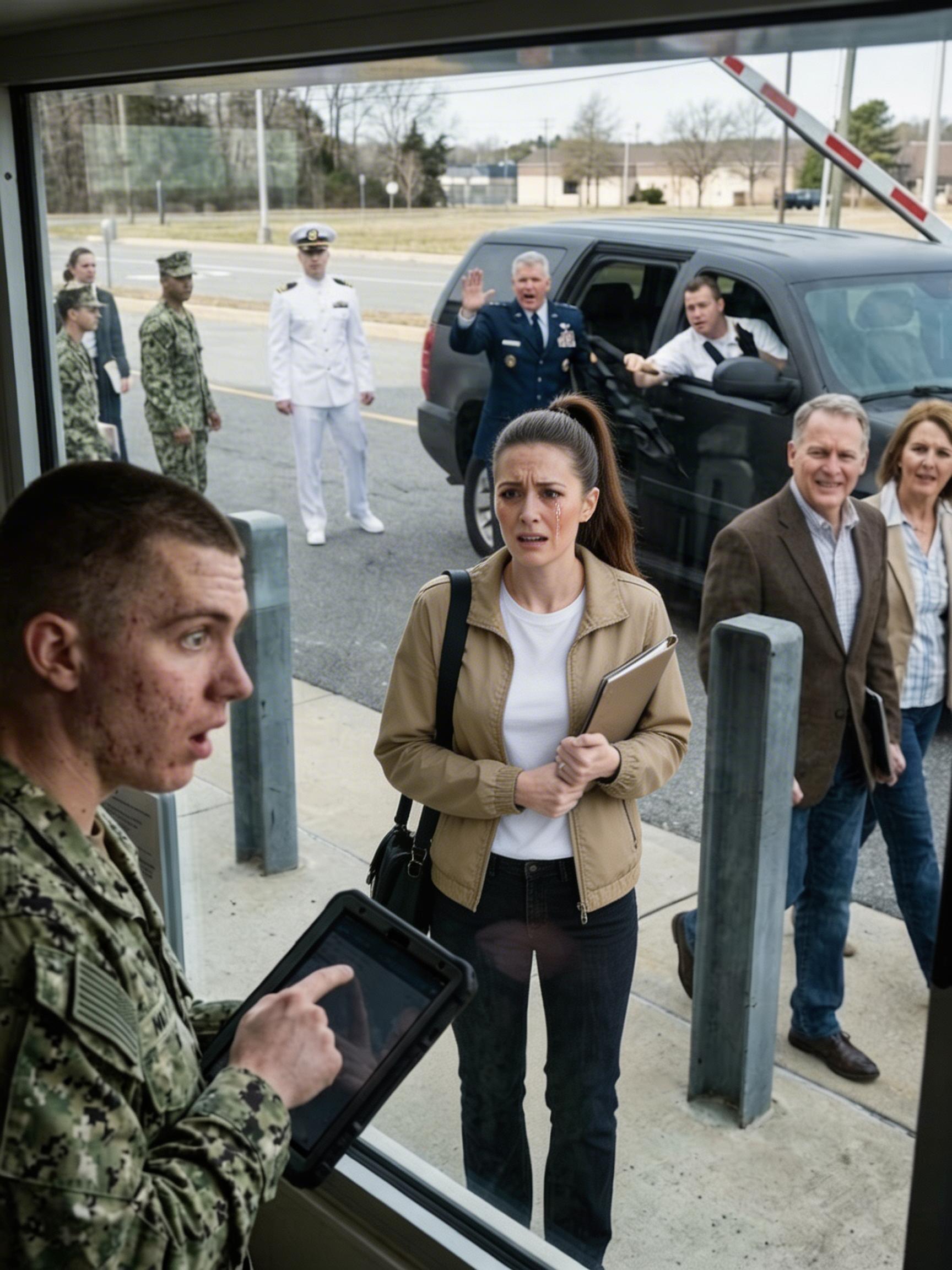 MÓJ BRAT DOSTAŁ AWANS NA KOMANDORA — A MNIE ZATRZYMANO PRZY BRAMIE MARYNARKI WOJENNEJ JAK PRZYPADKOWEGO OBCY. PODOFICER NIEUSTANNIE PUKAŁ W TABLET, POTEM POWIEDZIAŁ: „PRZEPRASZAM, PANIE… NIE MA PANI NA LIŚCIE KOMANDORA MARCUSA CARTWRIGHTA”, PODCZAS GDY RODZICE PRZESZLI TUŻ MIJĄC MNIE, UŚMIECHNIĘCI, JAKBY ZNÓW MNIE WYMAZYWALI. POTEM WSZEDŁ MARCUS, IDEALNIE WYSTĘPUJĄCY W SWOIM BIAŁYM MUNDURZE, I MAMROCZĄC: „LEAH ZAPOMNIAŁA POTWIERDZIĆ PRZYBYCIE… NIEKTÓRZY LUDZIE NIGDY NIE NAUCZĄ SIĘ ŁAŃCUCHA DOWODZENIA”. Właśnie wszedłem w cień — aż podjechał czarny SUV rządowy, z którego wysiadł admirał o stalowowłosych włosach i powiedział jedno zdanie, które sprawiło, że wszystkie głowy się odwróciły: „Uspokój się… Nie ma jej na twojej liście, bo ma wyższe uprawnienia niż twoje”. Wtedy spojrzał mi prosto w oczy, podniósł rękę… i nazwał mnie tytułem, którego moja rodzina nigdy nie użyła na głos…
